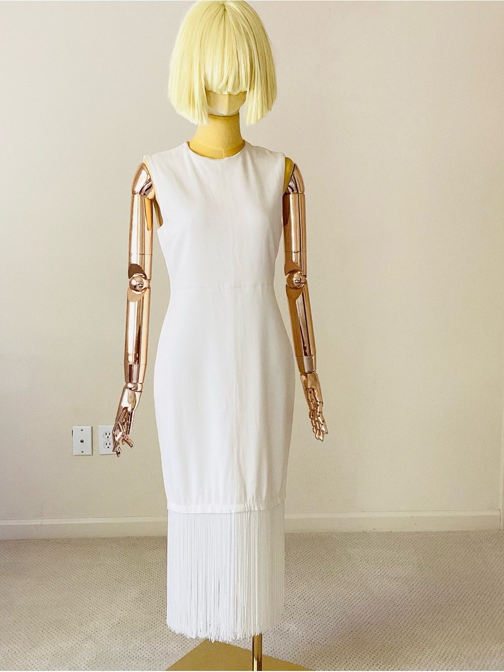 Sally LaPointe Off White Sleeveless Fringe-Hem Midi Dress S 4